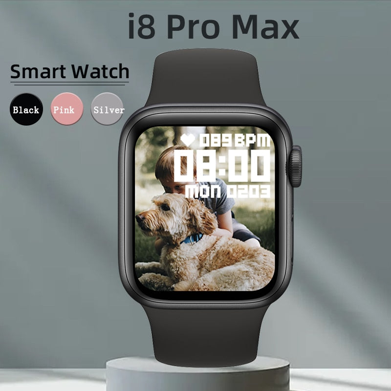 Relógio inteligente i8 pro max, resposta chamada esporte rastreador de fitness smartwatch discagem personalizada presente unisex pra mulheres e pros homens ..para o telefone da apple pk iwo 27 x8 t500